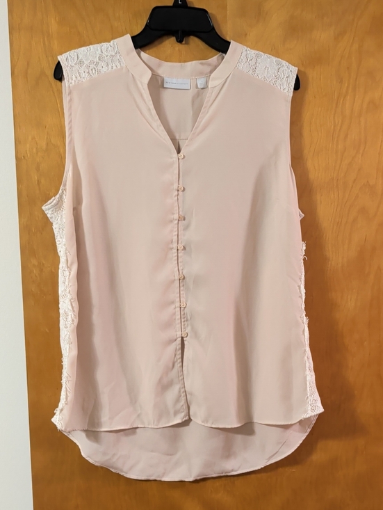 New York & Company Tops - New York & Company Blush Lace-Trim Sleeveless Button Front Top